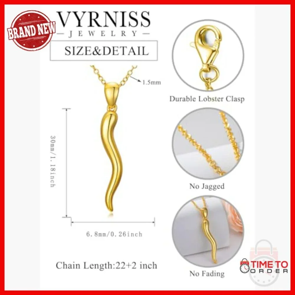 18K Gold Italian Horn Pendant Necklace with 20 Inch Chain